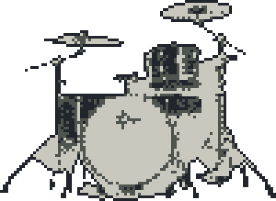 A four-piece drum kit with a hi-hat and two cymbals, pixelated