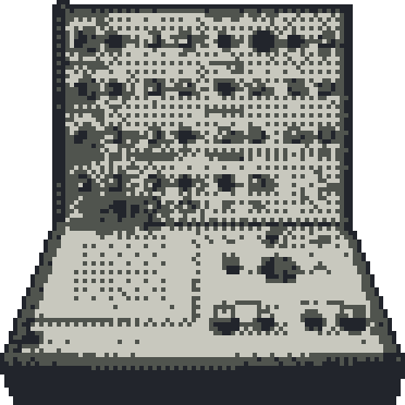 An EMS VCS3 synthesizer, its pin matrix on the lower panel, pixelated