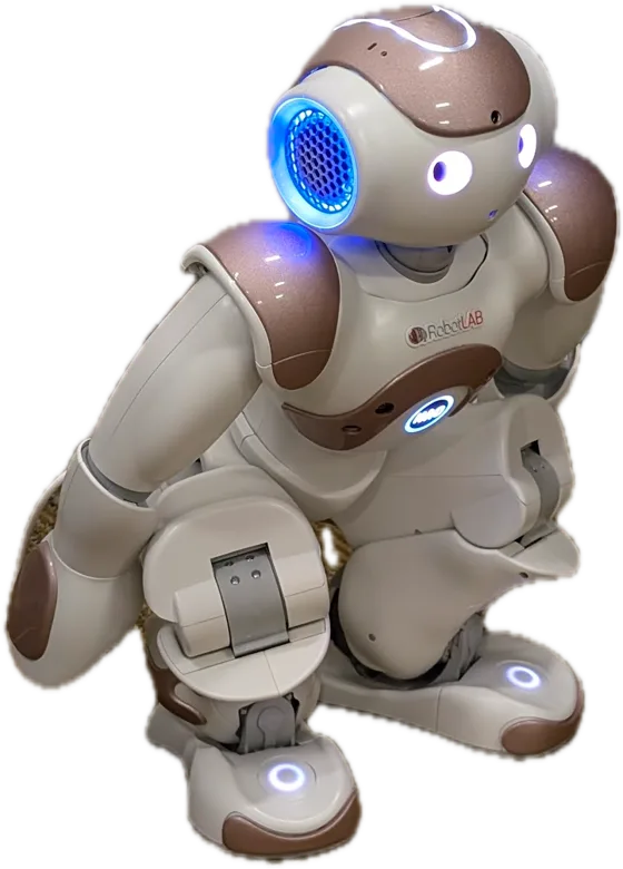 NAO, a small white humanoid robot, squatting
